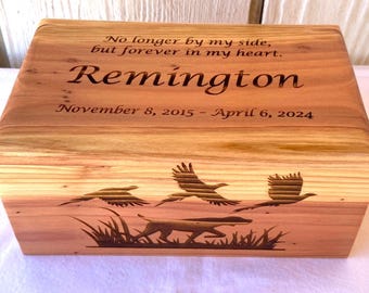 Engraved Wood Hunting Dog Cremation Urn: Pheasant Scene