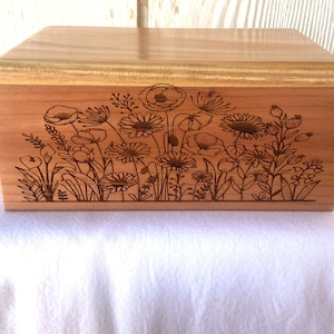 Large Pet Cremation Urn - Wood Dog Urn - Engraved Wildflowers