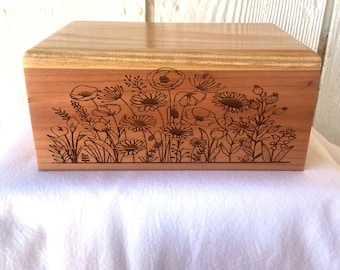 Large Pet Cremation Urn - Wood Dog Urn - Engraved Wildflowers