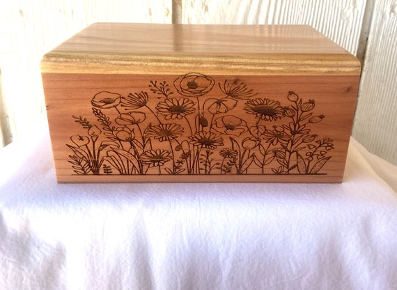 Large Pet Cremation Urn - Wood Dog Urn - Engraved Wildflowers