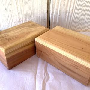 Puede incluir: Dos bloques de yoga de madera de cerezo. Los bloques son rectangulares y tienen bordes redondeados. Ambos son del mismo tamaño y están sobre una superficie blanca.
