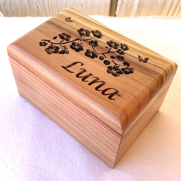 Small Wood Pet Cremation Urn Flowers, Butterflies, Pets name. Custom Engraved