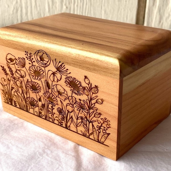 Small Wood Pet Cremation Urn - Laser Engraved Flower Urn