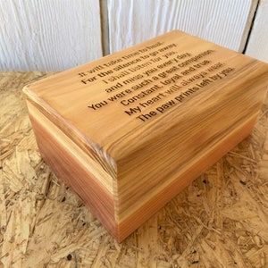 Large Redwood Cremation Urn with Engraved Poem.