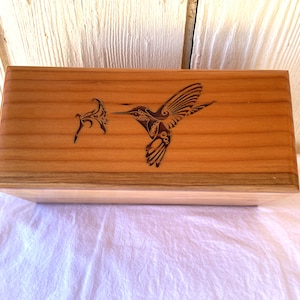 Adult Red Wood Cremation Urn, Humming Bird , Engraved Wood Urn