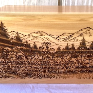Adult Wood Cremation Urn, Flowers, Mountains Cremation urn