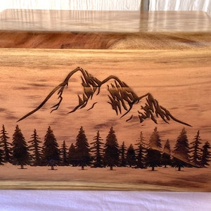 Wood Cremation Urn, Adult Cremation Urn, Laser Engraved mountain scene, Adult Size Wood Container with Personalized Name and Date