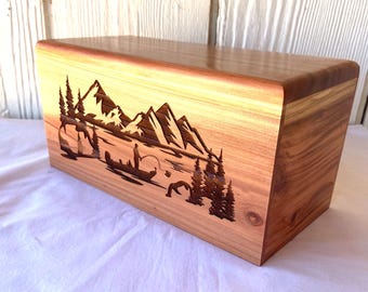 Handmade Wood Cremation Urn: Laser Engraved Fishing Scene