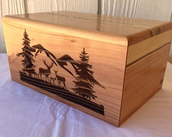 Laser Engraved Redwood Cremation Urn: Mountain Deer Scene