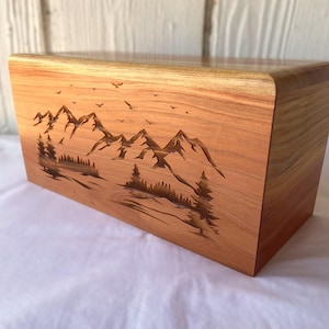 Adult Wood Cremation Urn, Laser Engraved Urn Mountain Scene