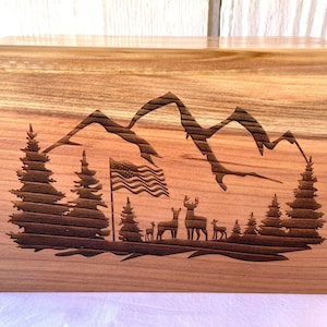 Small Adult Wood Cremation Urn - American Flag, Nature, Deer
