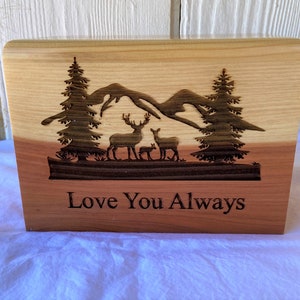 Small Adult Wood Cremation Urn with wilderness and deer engraving. Optional Engraving on Top