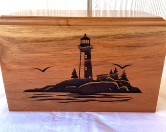 Engraved Wood Cremation Urn: Lighthouse Design, Personalized Memorial