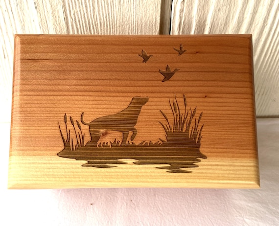 Large Redwood Dog Cremation Urn: Laser Engraved Hunting Scene
