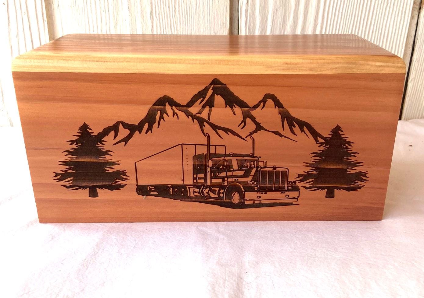 Wood Cremation Urn, Trucking Cremation Urn, Wood Container with Laser Engraved Truck