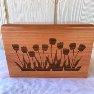 Small Adult Wood Cremation Urn with Tulip Flowers. Optional Engraving on Top