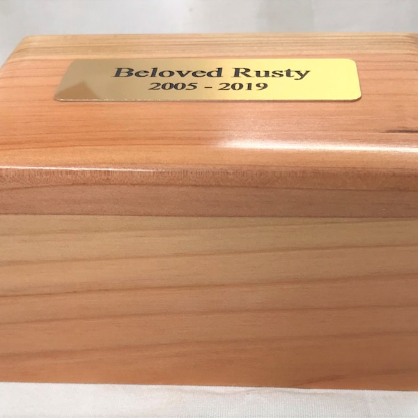 Personalized Small Wood Pet Cremation Urn - laser engraved plaque, Wood Box For Ashes