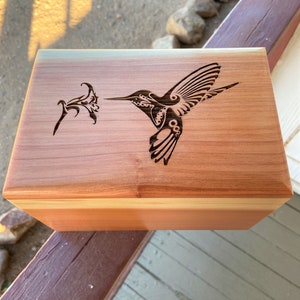 Extra Large Wood Cremation Urn  -Engraved Humming Bird- Wood Urn