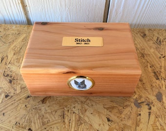 Urna de cremación de mascotas de madera grande, inserto de imágenes y placa grabada