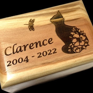 Small Wood Cat Cremation Urn with Dragon Fly