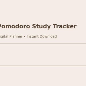 Op de afbeelding: Een digitale planner met de tekst "Pomodoro Study Tracker" in een donkerbruin lettertype. Onder de titel staat de tekst "Digital Planner • Instant Download". Onder de tekst staat een rechthoekige doos.