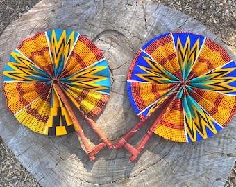 4TH OF JULY SALE: African Hand fan, Ghana Kente fan, handmade fan, African Print fans with leather handles,  Handheld African Folding Fan