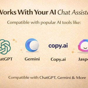 Puede incluir: Imagen que promueve la compatibilidad con asistentes de chat de IA. El texto dice "Funciona con tu asistente de chat de IA" y enumera ChatGPT, Gemini, Copy.ai y Jasper. La imagen tiene un fondo beige con el texto "Compatible con ChatGPT, Gemini & More."