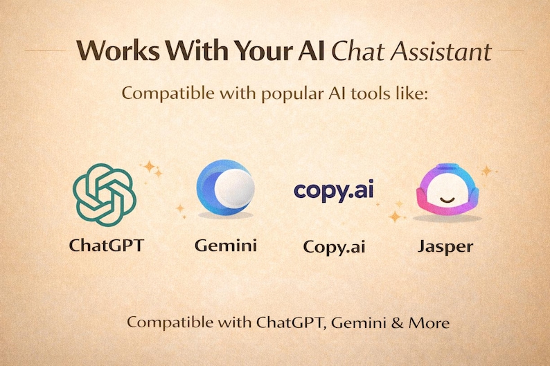 Puede incluir: Imagen que promueve la compatibilidad con asistentes de chat de IA. El texto dice "Funciona con tu asistente de chat de IA" y enumera ChatGPT, Gemini, Copy.ai y Jasper. La imagen tiene un fondo beige con el texto "Compatible con ChatGPT, Gemini & More."
