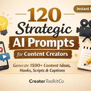 Puede incluir: Ilustración que promociona "120 Strategic AI Prompts for Content Creators". La imagen incluye una bombilla, un teléfono inteligente con iconos de redes sociales, una cámara de cine, un bloc de notas con un lápiz y el texto "Genera más de 1500 ideas de contenido, ganchos, guiones y leyendas."