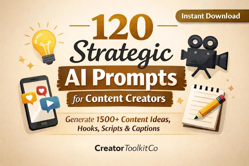 Puede incluir: Ilustraci&oacute;n que promociona "120 Strategic AI Prompts for Content Creators". La imagen incluye una bombilla, un tel&eacute;fono inteligente con iconos de redes sociales, una c&aacute;mara de cine, un bloc de notas con un l&aacute;piz y el texto "Genera m&aacute;s de 1500 ideas de contenido, ganchos, guiones y leyendas."
