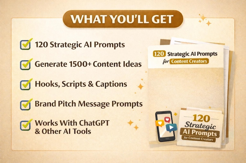 Puede incluir: Imagen con el texto "WHAT YOU'LL GET" en la parte superior, seguido de una lista de caracter&iacute;sticas, incluyendo "120 Strategic AI Prompts" y "Generate 1500+ Content Ideas". Una pila de papeles con el t&iacute;tulo "120 Strategic AI Prompts for Content Creators" est&aacute; a la derecha, con un smartphone.