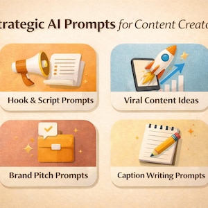 Puede incluir: Ilustraci&oacute;n titulada "Strategic AI Prompts for Content Creators" con cuatro paneles con iconos y texto. Los paneles incluyen un meg&aacute;fono, un cohete, un malet&iacute;n y un bloc de notas con un l&aacute;piz. El texto incluye "Hook & Script Prompts" y "Viral Content Ideas."