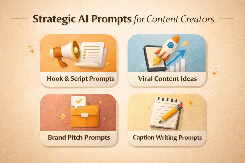 Puede incluir: Ilustraci&oacute;n titulada "Strategic AI Prompts for Content Creators" con cuatro paneles con iconos y texto. Los paneles incluyen un meg&aacute;fono, un cohete, un malet&iacute;n y un bloc de notas con un l&aacute;piz. El texto incluye "Hook & Script Prompts" y "Viral Content Ideas."