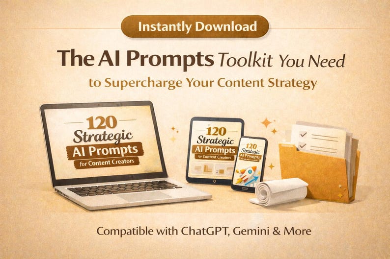 Puede incluir: Anuncio de un kit de herramientas de indicaciones de IA. La imagen presenta una computadora port&aacute;til, una tableta y un tel&eacute;fono inteligente que muestran "120 Strategic AI Prompts for Content Creators". Tambi&eacute;n se ven una carpeta, un rollo de papel y el texto "Instantly Download" y "Compatible with ChatGPT, Gemini & More".