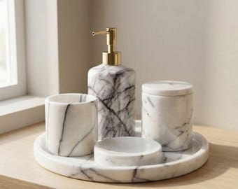 Juego de 5 accesorios de baño de mármol blanco de lujo / Dispensador de jabón con bomba dorada / Decoración de baño moderna / Kit de spa minimalista para el hogar