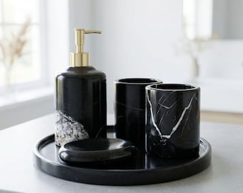 Juego de 5 accesorios de baño de mármol negro de lujo / Bandeja dispensadora de jabón de piedra natural / Soporte para cepillo de dientes / Decoración de spa moderna minimalista