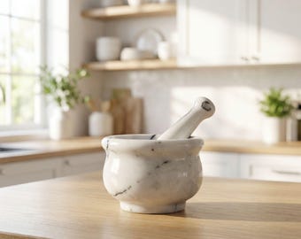 Juego de mortero y maja de mármol blanco / Decoración de cocina de estilo rústico moderno de lujo / Molinillo de especias artesanal / Herramienta de cocina estética