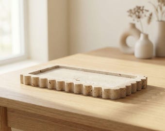 Bandeja rectangular festoneada de travertino para joyería, bandeja de mármol festoneado, organizador decorativo para tocador, decoración del hogar.