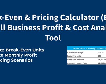 Break Even Calculator Spreadsheet | Pricing & Profit Analysis Tool | Small Business Financial Planning Template