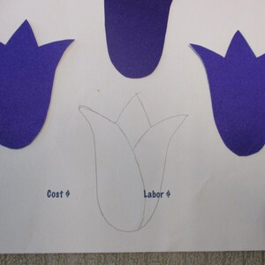 May include: A craft project with three purple paper flowers. Two of the flowers are cut out and one is drawn in pencil. The words "Cost $" and "Labor $" are written on the paper.
