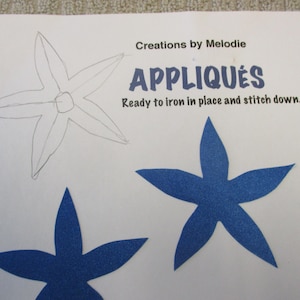 May include: A white outline of a five-pointed star with a center circle. Three blue five-pointed stars with a center circle. The text "Creations by Melodie" and "APPLIQUES" are written in black. The text "Ready to iron in place and stitch down." is written in black.