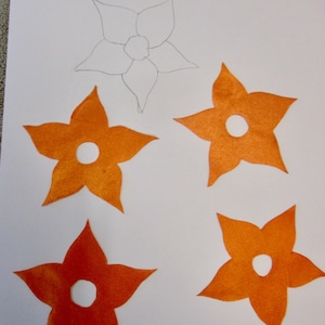 May include: Sheet of paper with the word "APPLIQUÉS" and the text "Ready to iron in place and stitch down." Four orange flower appliqués with white centers are arranged on the paper. A line drawing of a flower is also present.