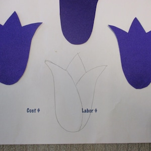 May include: A craft project with three purple paper flowers. Two of the flowers are cut out and one is drawn in pencil. The words "Cost $" and "Labor $" are written on the paper.