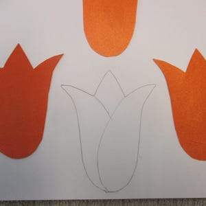 May include: Three orange paper tulips, two are cut out and one is drawn in pencil on a white background.