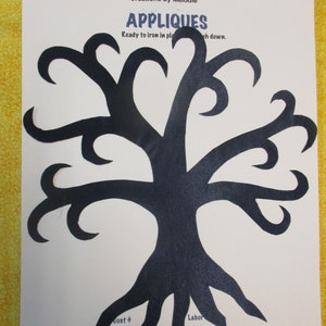 May include: Black silhouette of a tree with a thick trunk and many branches. The tree is on a white background with the text "Creations by Melodie", "APPLIQUES", "Ready to iron in place", "ch down.", "Cost $10", and "Labor".