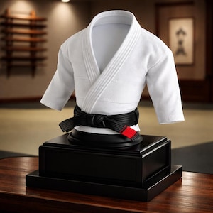 Op de afbeelding: Een witte vechtsportuniform, of gi, met een zwarte band en rode streep, gepresenteerd op een zwarte houten sokkel. De gi is van traditionele wikkelstijl, in een studio-omgeving.