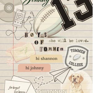 Puede incluir: Un diseño estilo scrapbook con los nombres "Shannon" y "Johnny". Incluye un balón de fútbol americano, el número 13, un perro y burbujas de texto que dicen "hi shannon" y "hi johnny". También están presentes las palabras "BOYS OF TOMMEN".