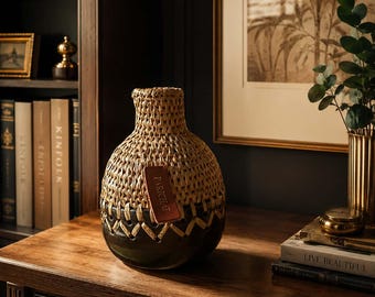 Handwoven Water Hyacinth & Ceramic Vase