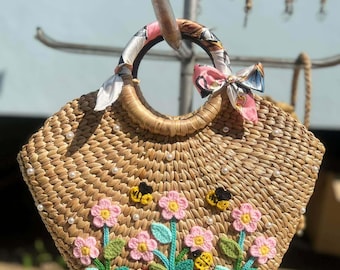 Handmade Woven Bag with Lace Embroidery, Pearls- Beads Cute & Elegant