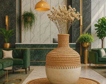 Handmade ceramic vase with woven bamboo